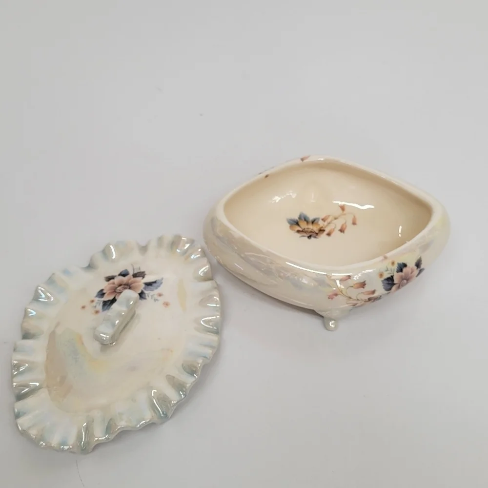 Vintage Porcelain Luster Jewelry Trinket Box Floral Victorian Floral Cottagecore